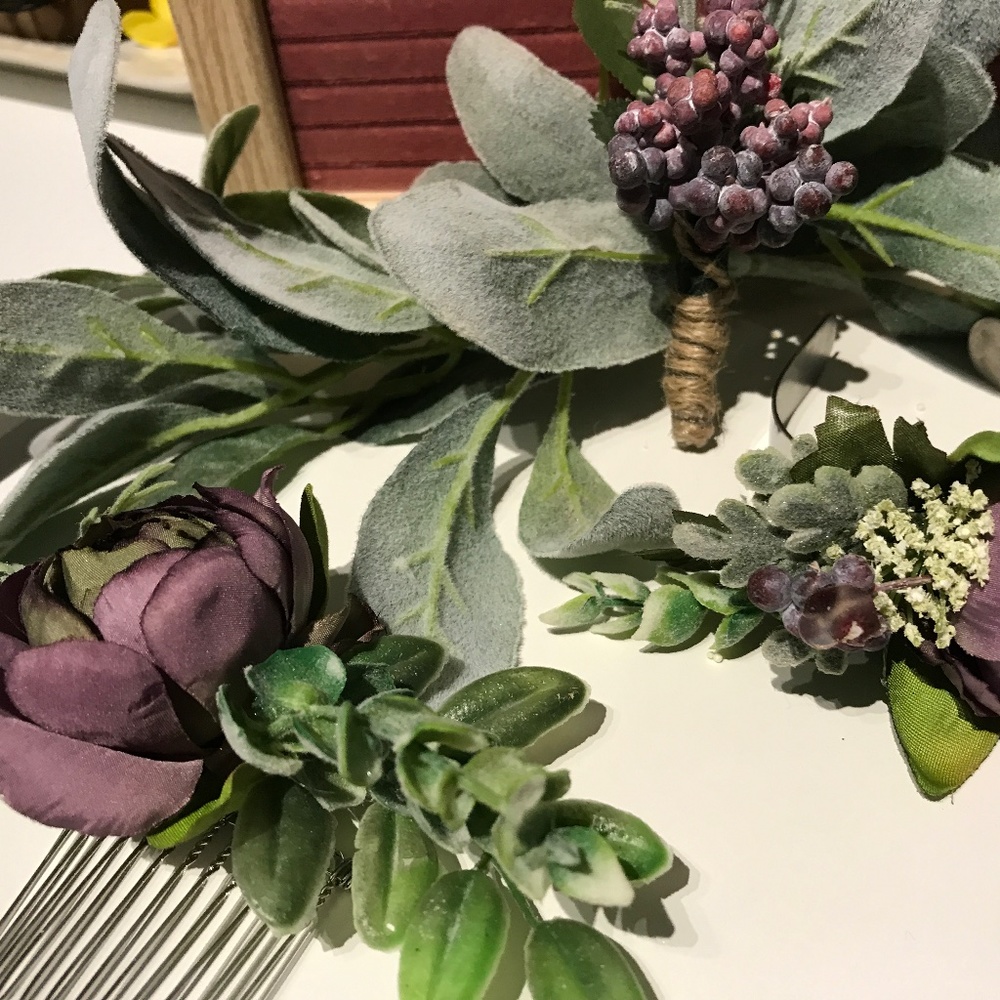 Wrist Corsage Hair Comb  & Boutonnière  Purple Matching NWT NEW FINAL SALE